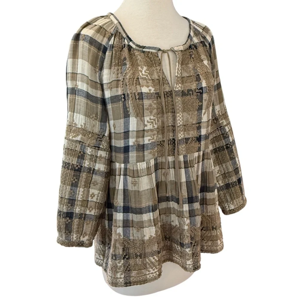 Johnny Was 3J Workshop Embroidered Plaid Tunic Blouse Boho Neutral Small